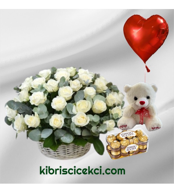 Sepette 33 Beyaz Gül Ayıcık 16'lı Ferrero Çikolata Kalp Helyum Balon